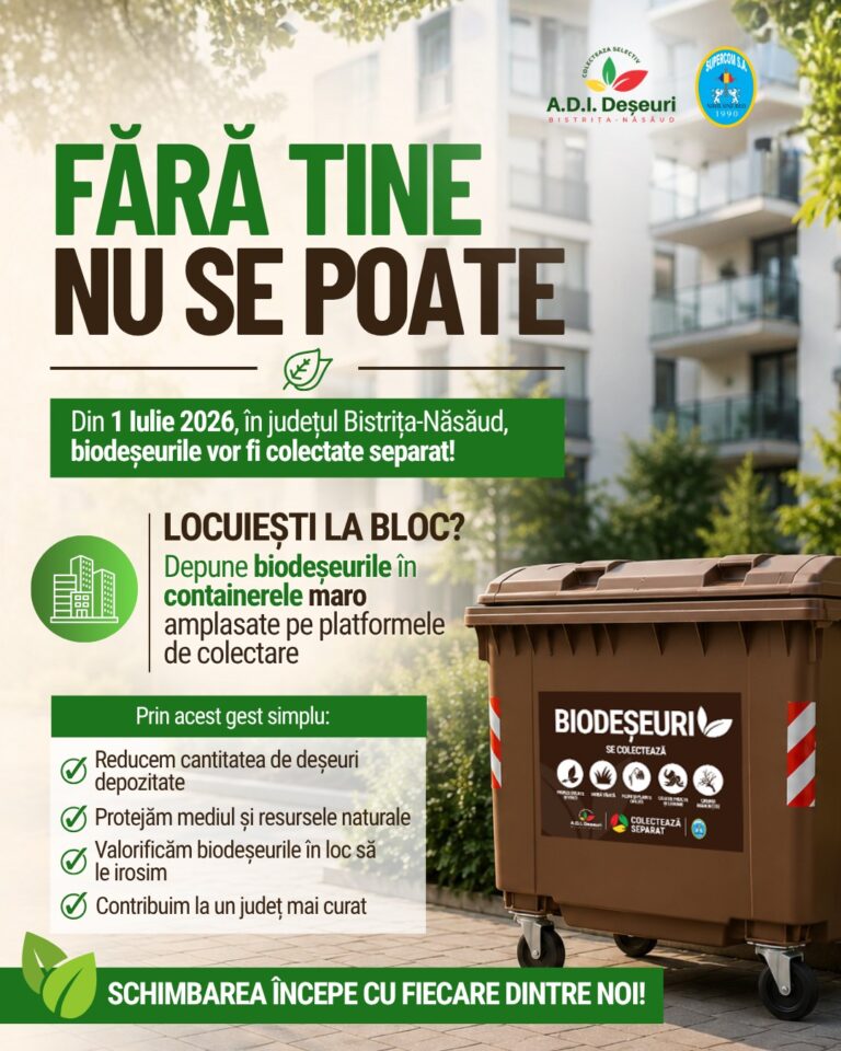 Din 1 iulie 2026, cetățenii care locuiesc în zonele de blocuri din județul Bistrița-Năsăud sunt încurajați să colecteze selectiv biodeșeurile! Aceste biodeșeuri colectate separat se vor depune în containerele maro de 1.100 L amplasate pe platformele de colectare din zonele de blocuri.