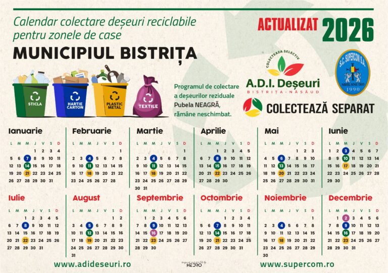 ACTUALIZARE Calendar 2026 colectare deșeuri reciclabile pentru zonele de case în MUNICIPIUL BISTRIȚA