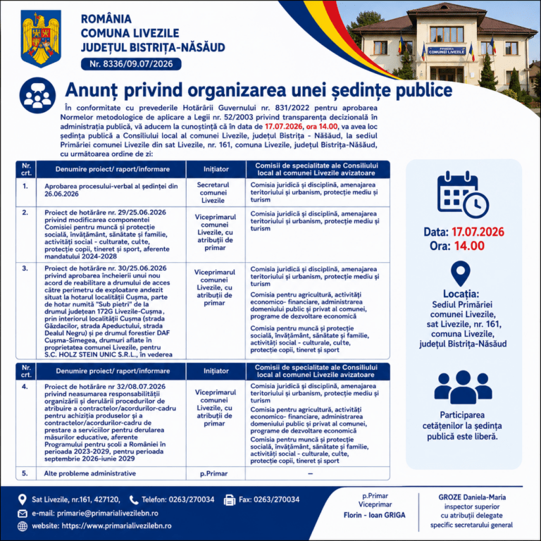 Anunț privind organizarea unei ședințe publice